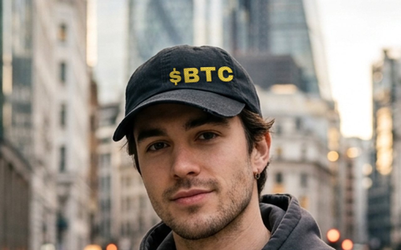 Person in low light wearing the black $BTC cap, orange embroidery catching the light