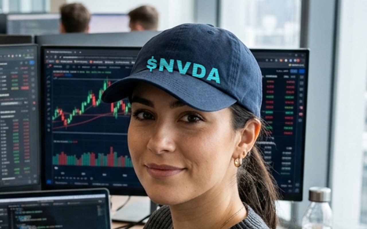 Lifestyle photo — ticker cap at a desk with charts